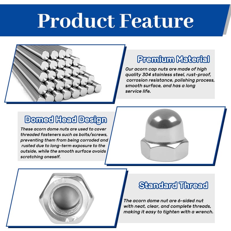 MroMax M6 Acorn Cap Nuts, 66Pcs M6-1.0, 304 Stainless Steel(18-8) Crown Cap Nut for Bolt, Dome Head Hex Kit for Indoor Outdoor, Bright Finish - Image 3